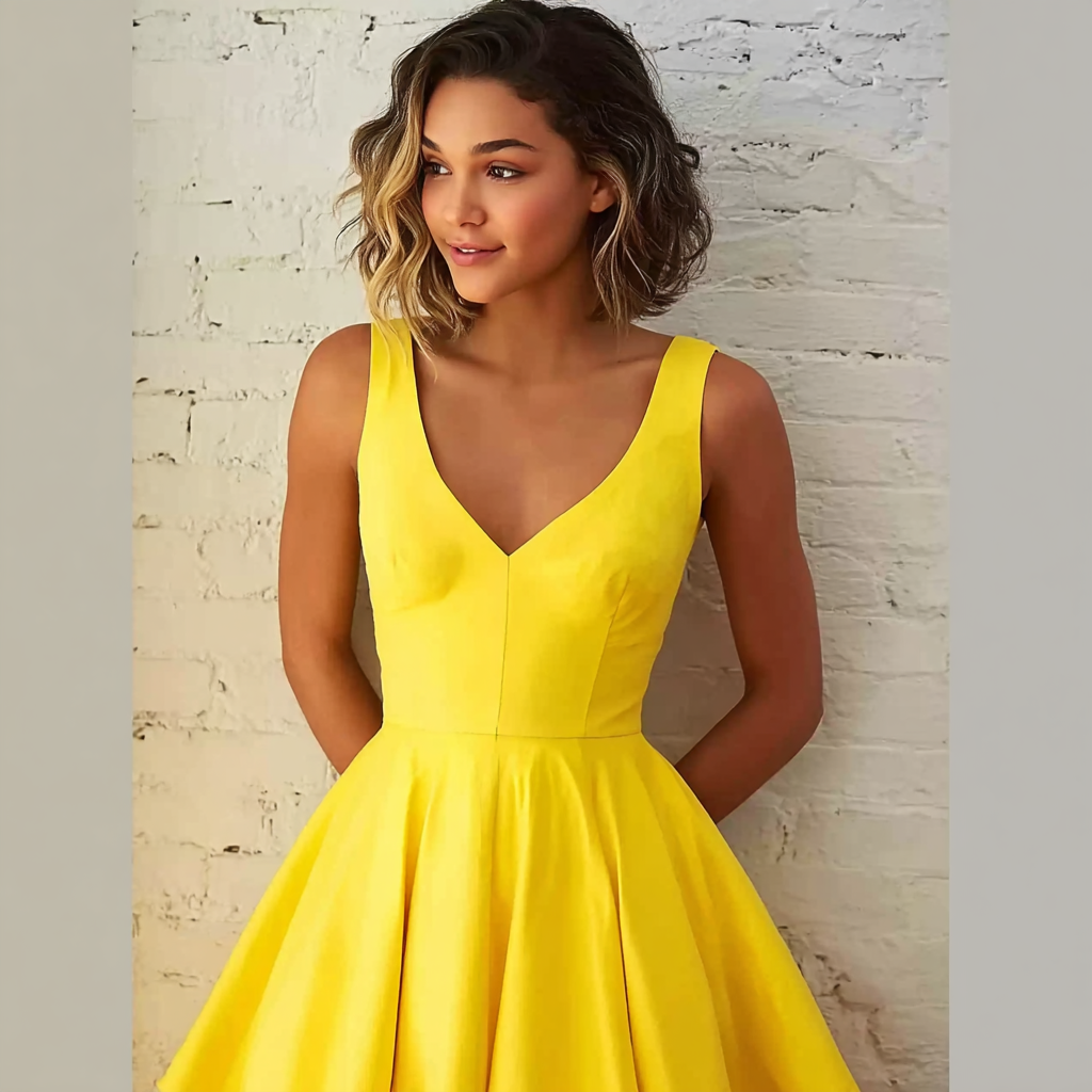 Yellow Deep V-Neck Mini Dress