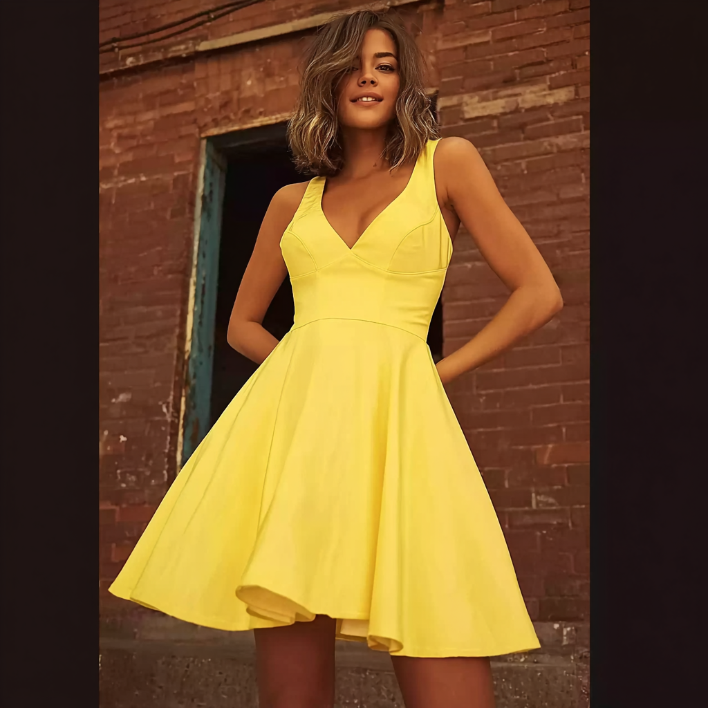Yellow Deep V-Neck Mini Dress