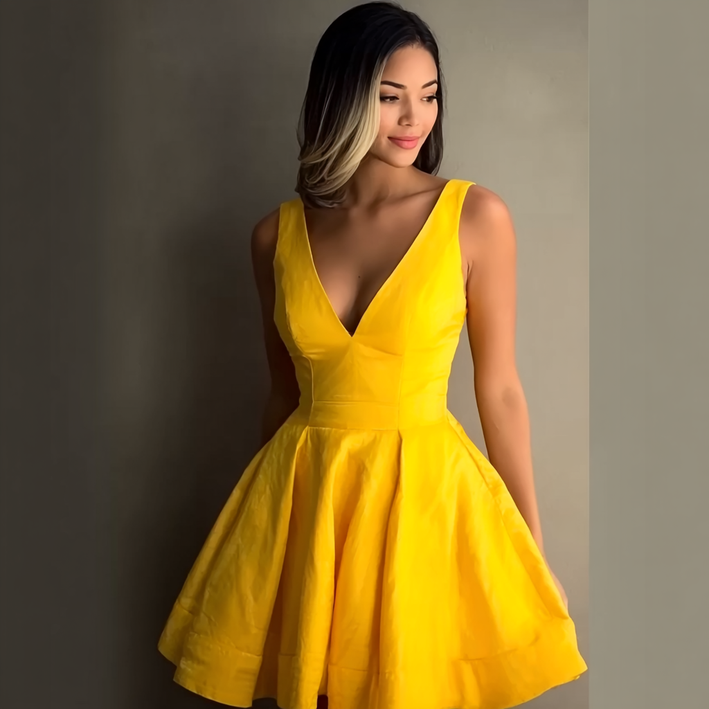Yellow Deep V-Neck Mini Dress