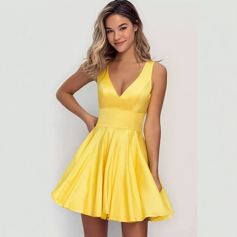 Yellow Deep V-Neck Mini Dress – Stylish & Flattering