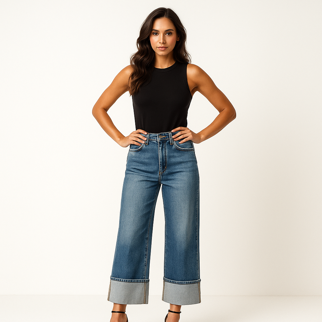 Women’s High-Waisted Wide-Leg Cuffed Jeans